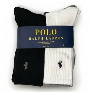 POLO RALPH LAUREN CLASSIC SPORT MEN CREW SOCKS 6 PAIRS BLACK GRAY‎ WHITE